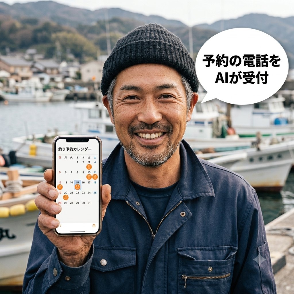 スマホの釣り予約画面を見せて笑う船長。吹き出し「予約の電話をAIが受付」